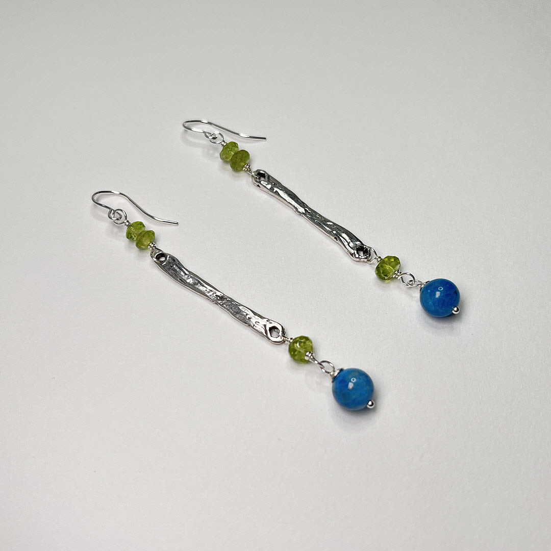 Peridot and Neon Apatite Long Dangle Earrings, Sterling