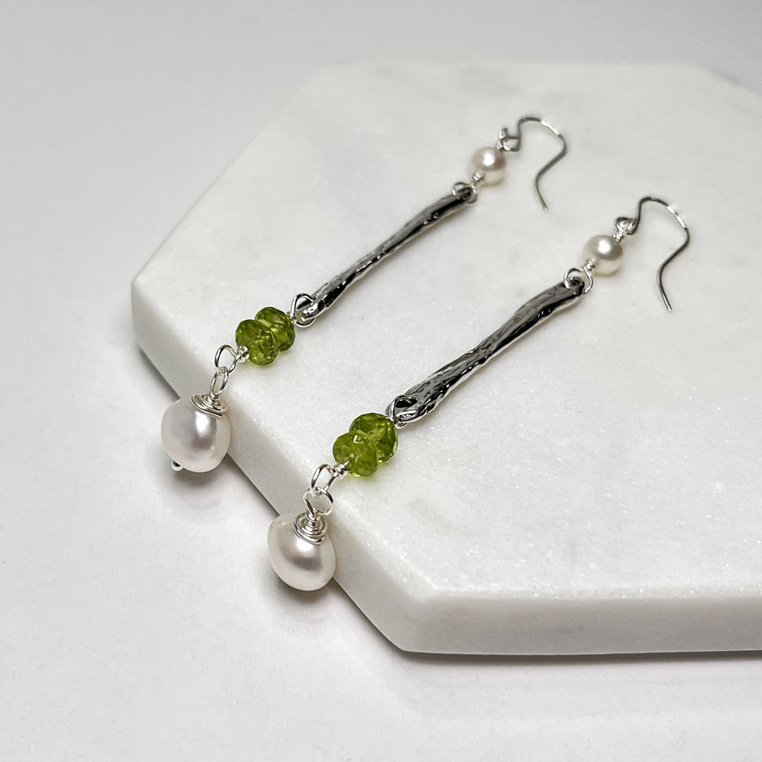 Peridot and Pearl Long Dangle Earrings, Sterling
