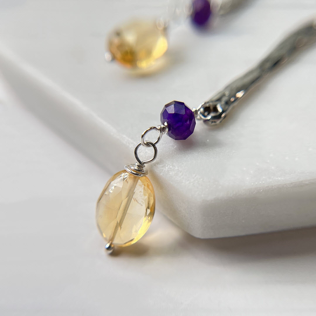 Amethyst and Citrine Long Dangle Earrings, Sterling