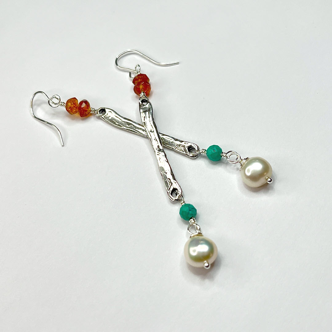 Brandy Citrine, Hubei Turquoise and Pearl Long Dangle Earrings, Sterling