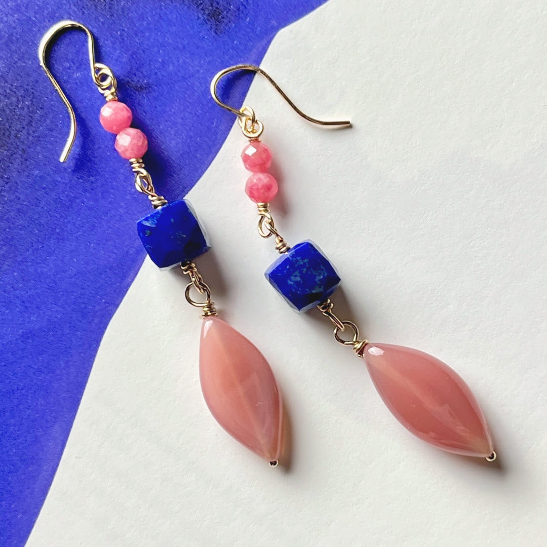 Rhodonite, Large Lapis Cubes and Botswana Marquise Dangle Earrings, 14K Gold Fill