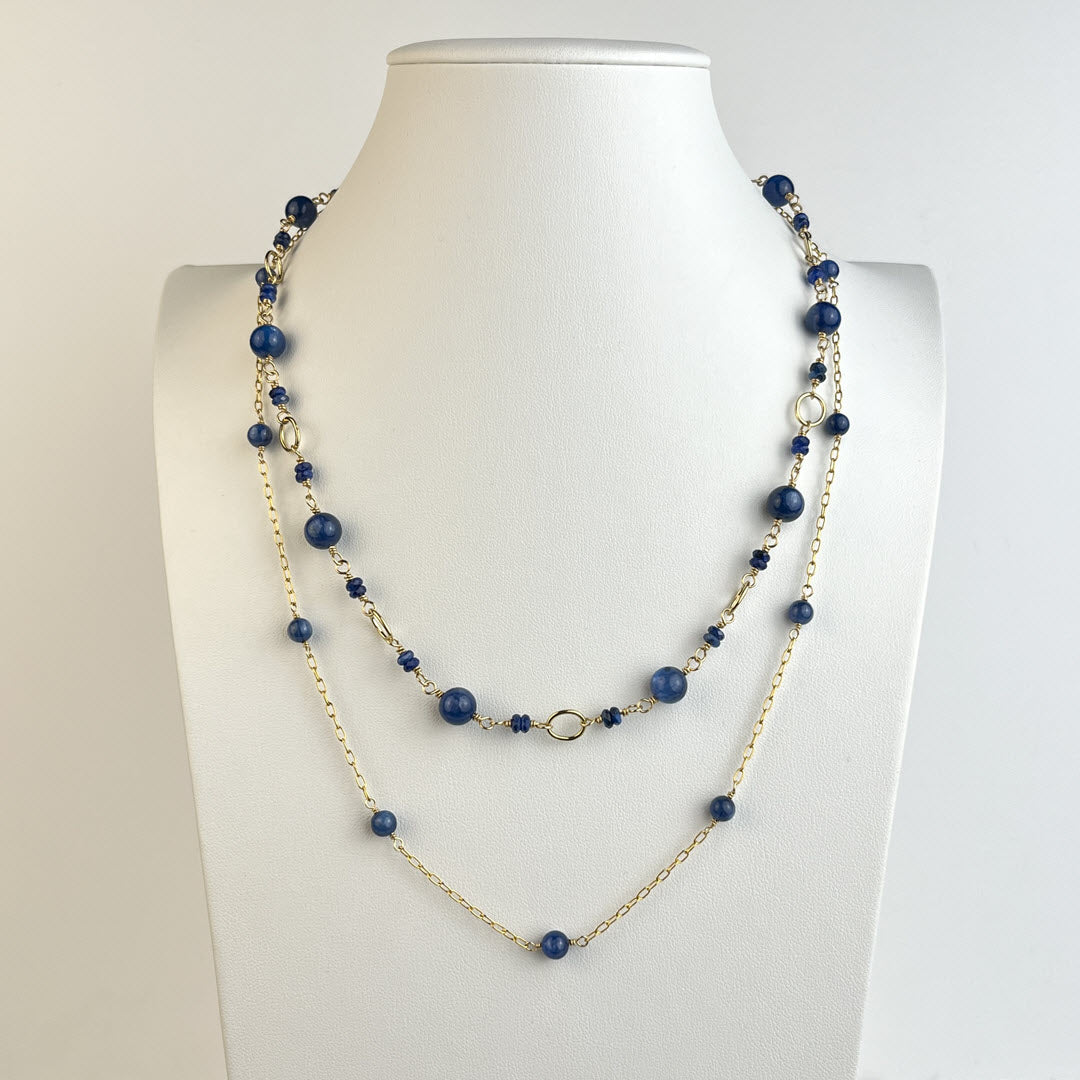 Two layering necklaces in 14K gold fill links and chain and deep blue kyanite gemstones