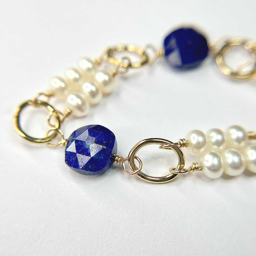 Pearl Double Row Bracelet With Lapis, 14K Gold Fill