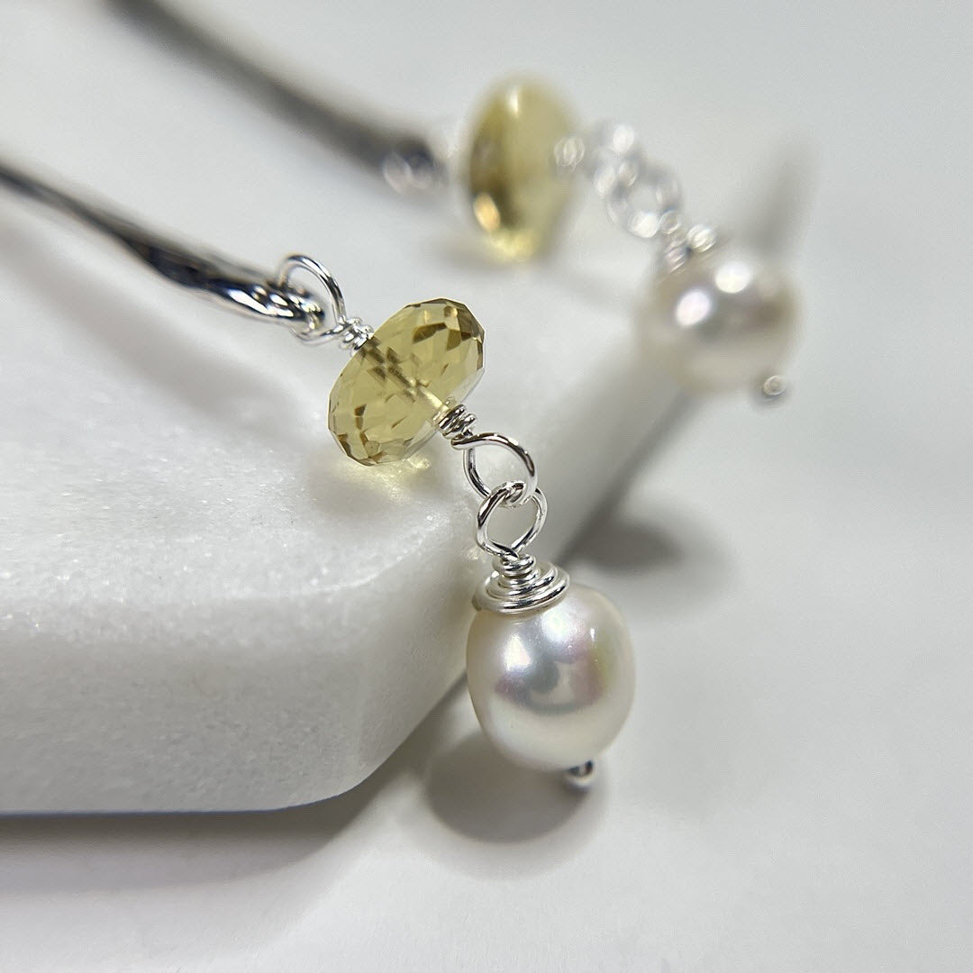 Champagne Quartz and Pearl Long Dangle Earrings, Sterling