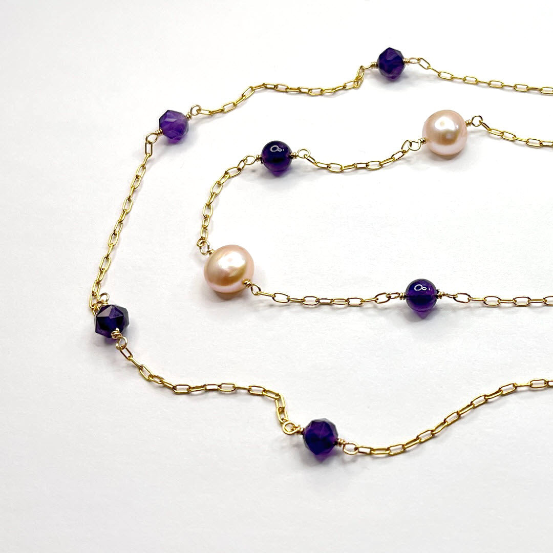 Pink Pearl and Amethyst Station Necklace, 14K Gold Fill