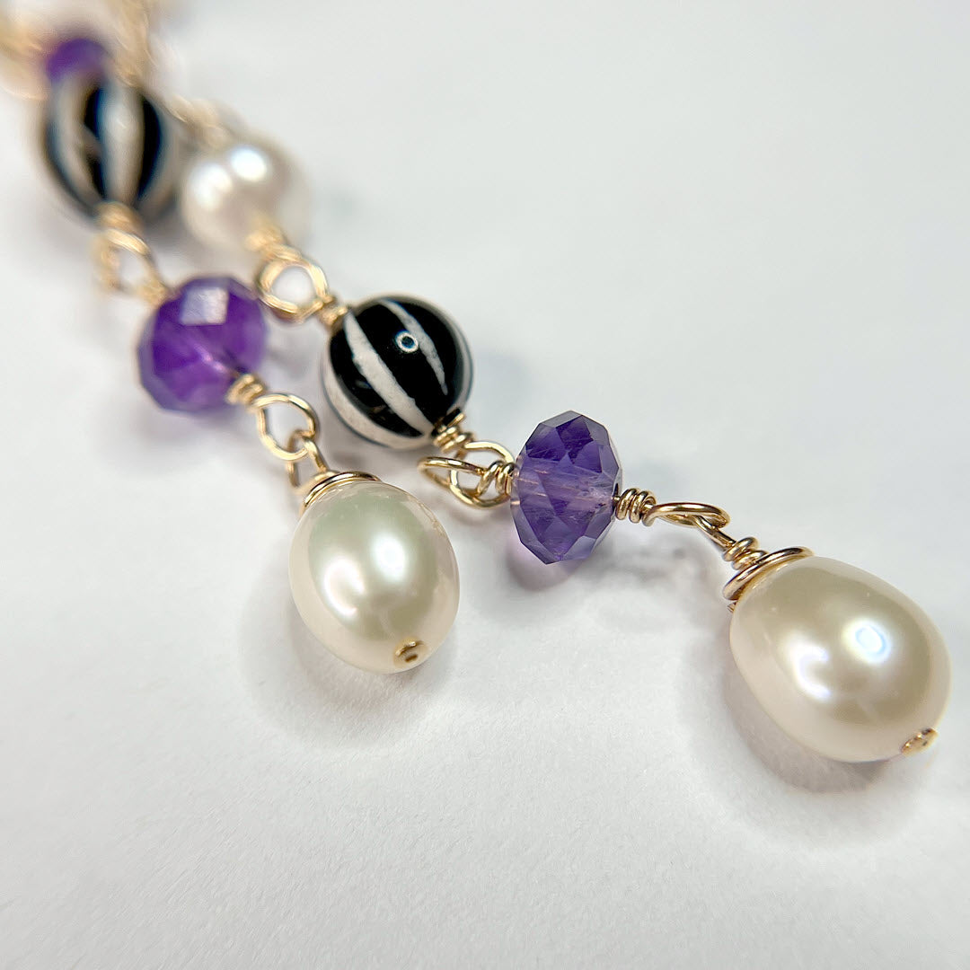 Pearl, Amethyst, and Striped Agate Long Dangle Earrings, 14K Gold Fill
