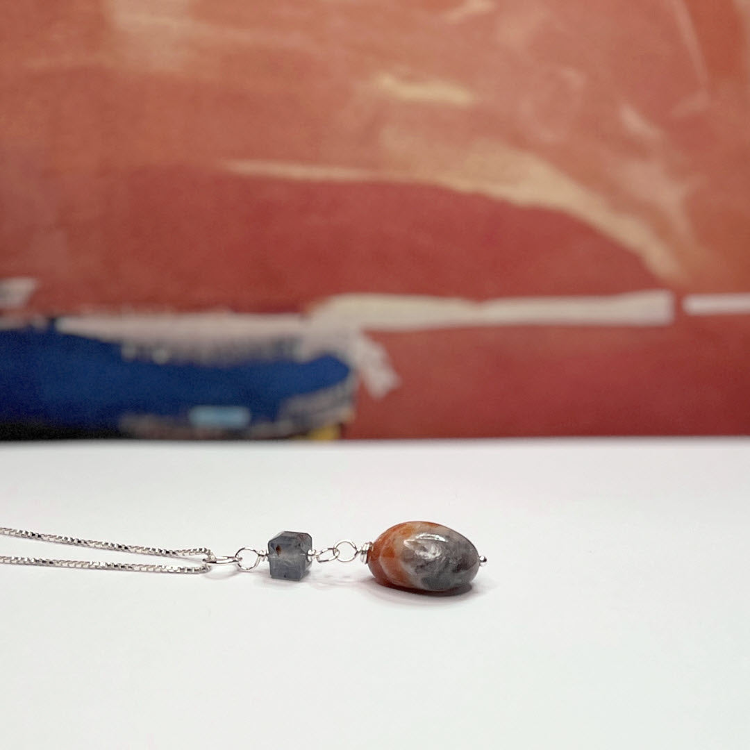 Iolite Cube and Iolite-Sunstone Pendant, Sterling
