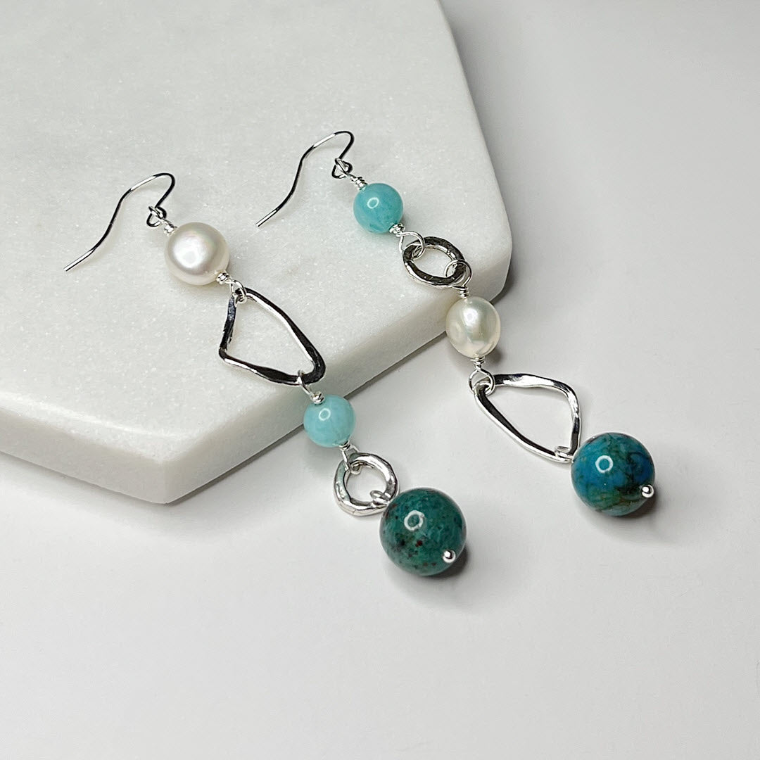 Matisse Blues Mixed Shape Long Dangles, Pearl