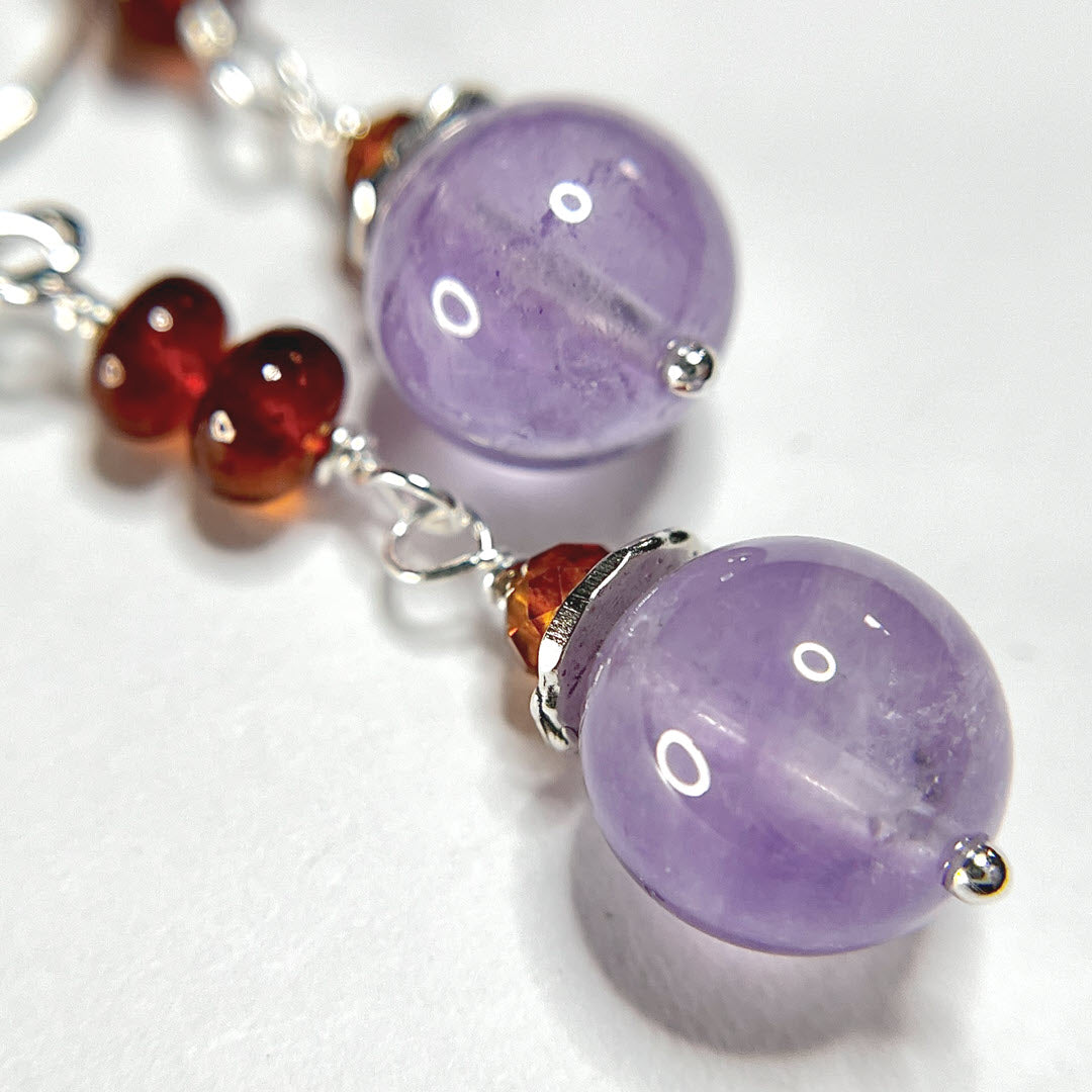 Hessonite and Lavender Amethyst Double Drop Dangle Earrings, Sterling