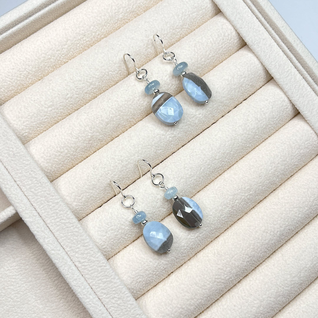 Banded Blue Opal Oval Drop Earrings, Sterling