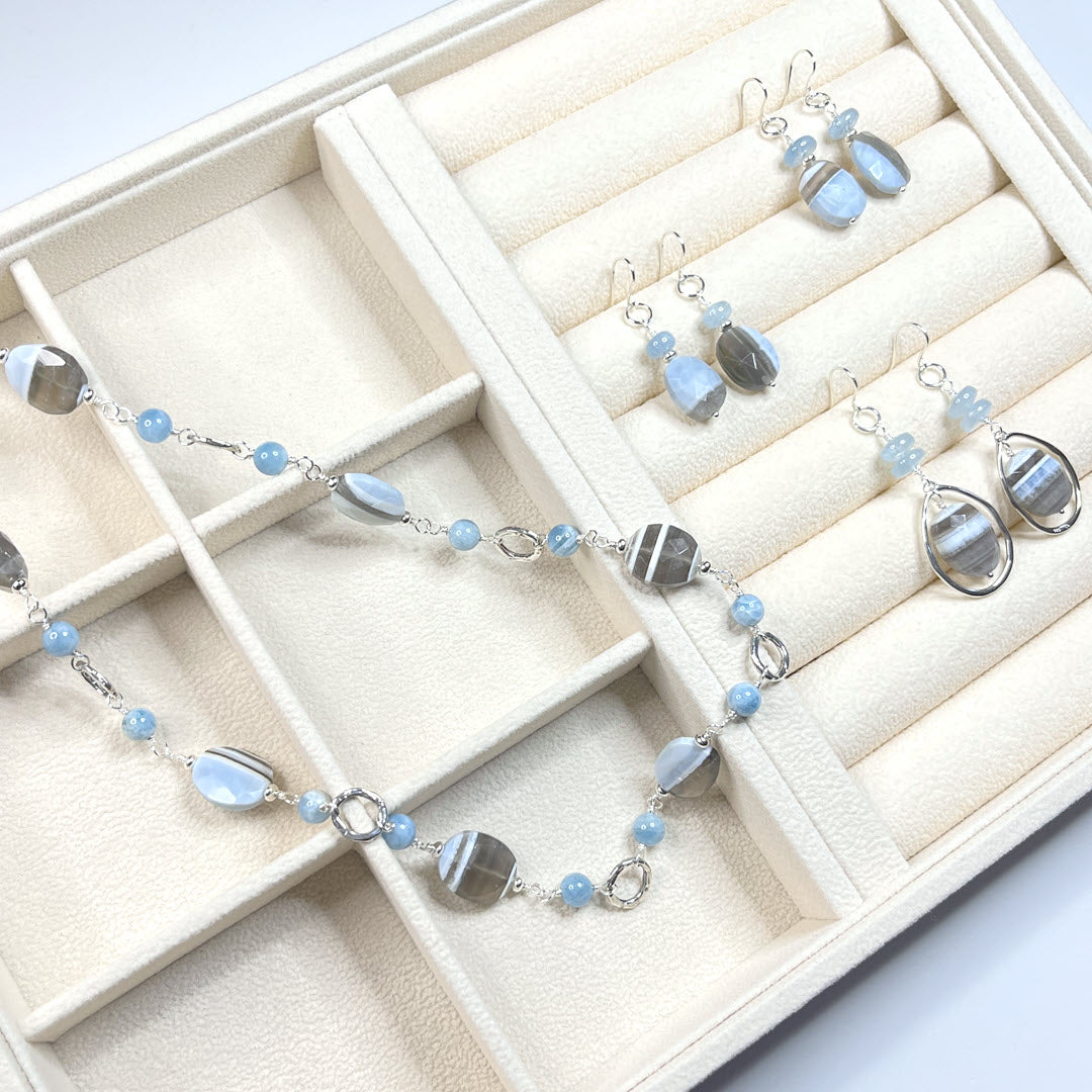 Banded Blue Opal and Aquamarine Link Necklace, Sterling