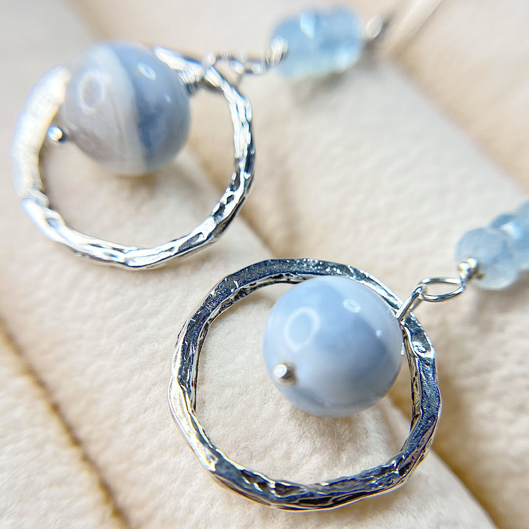 Banded Blue Opal and Aquamarine Circle Drop Earrings, Sterling