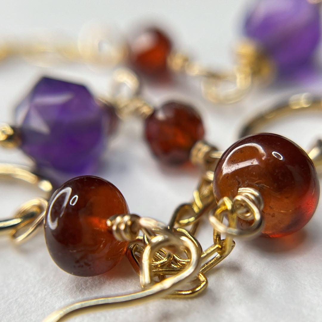 Hessonite Garnet and Amethyst Long Dangle Earrings, 14K Gold Fill