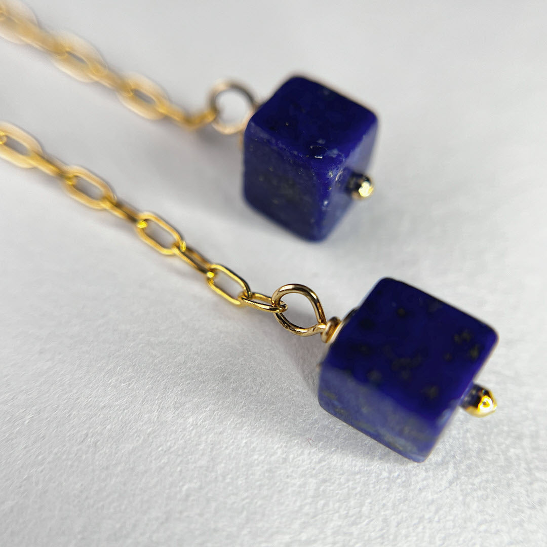 Hessonite Garnet Stack and Lapis Cube Long Dangle Earrings, 14K Gold Fill
