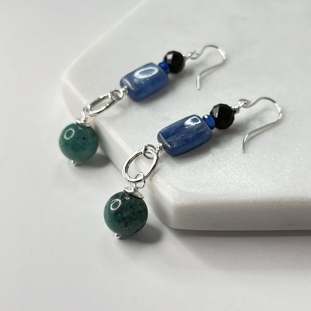 Black Tourmaline, Kyanite and Chrysocolla Long Dangles, Sterling