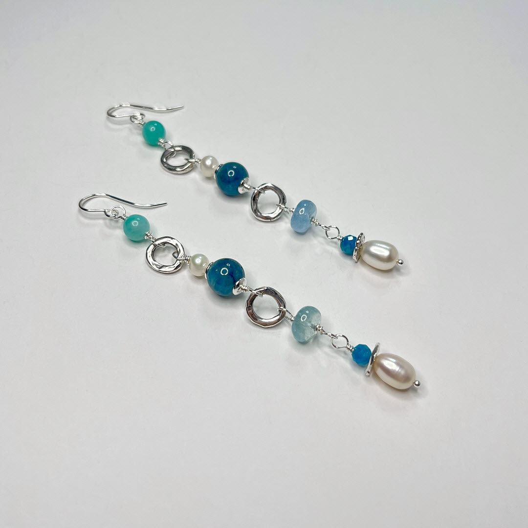 Amazonite, Aquamarine, Apatite and Pearl Long Party Dangles
