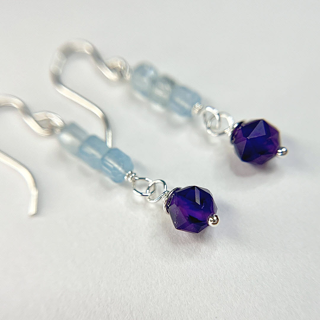 Aquamarine Stacked Cube Earrings With Amethyst, Sterling Silver