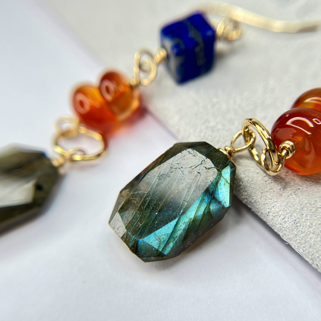Lapis, Carnelian and Labradorite Slab Dangle Earrings, 14K Gold Fill