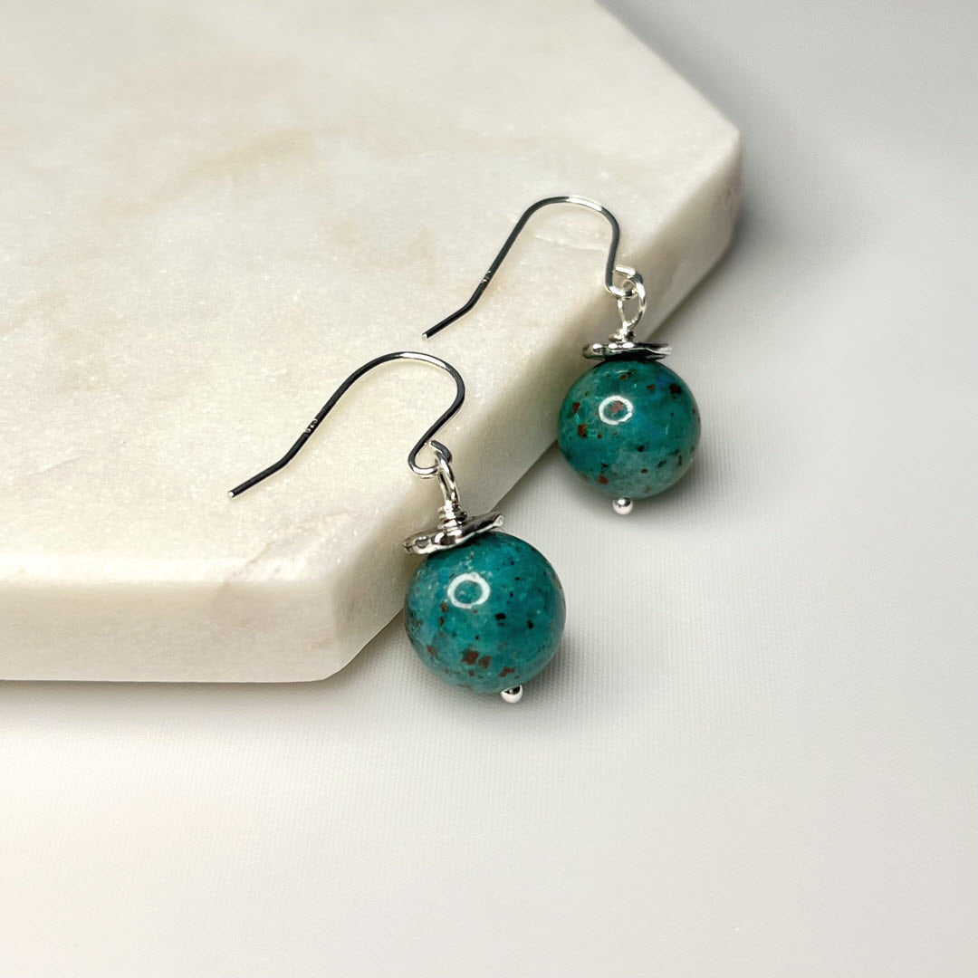 1-Stone Dangle Earrings, Chrysocolla with Cuprite, Sterling