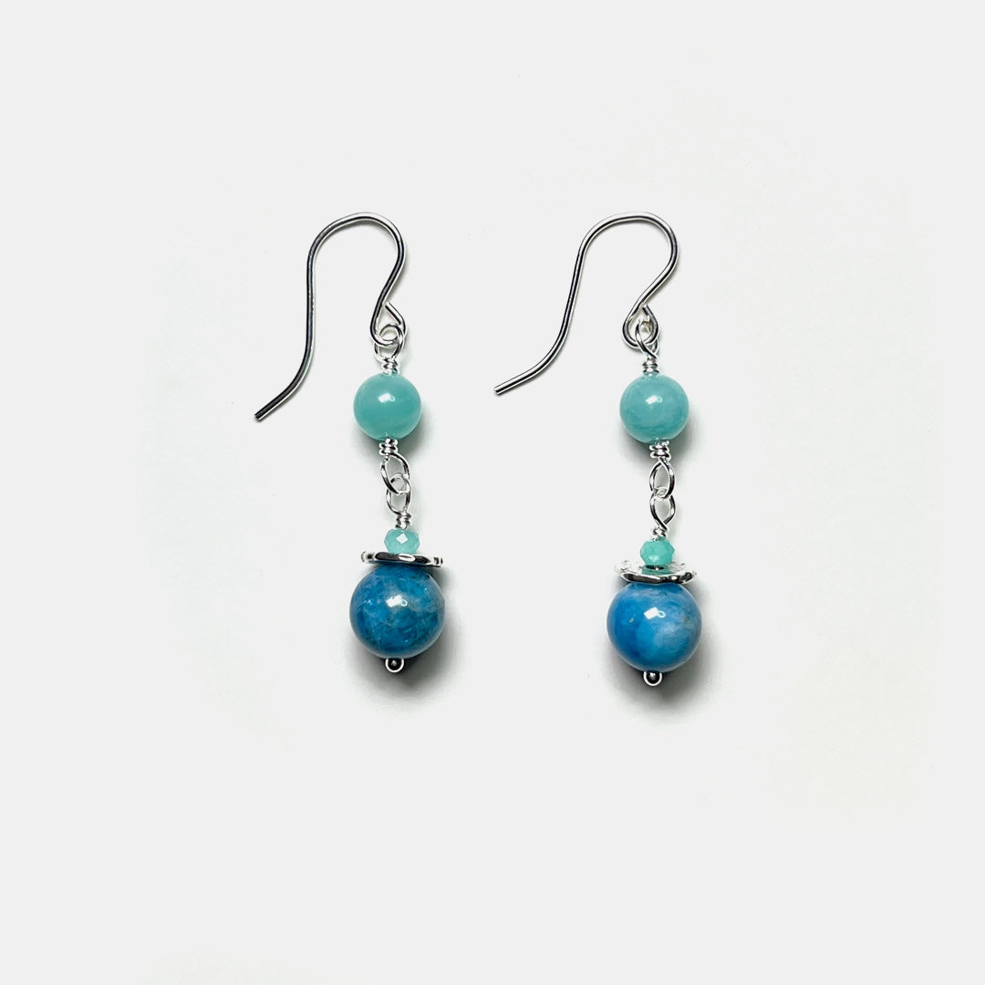 Amazonite and Neon Apatite Double Drop Dangle, Sterling