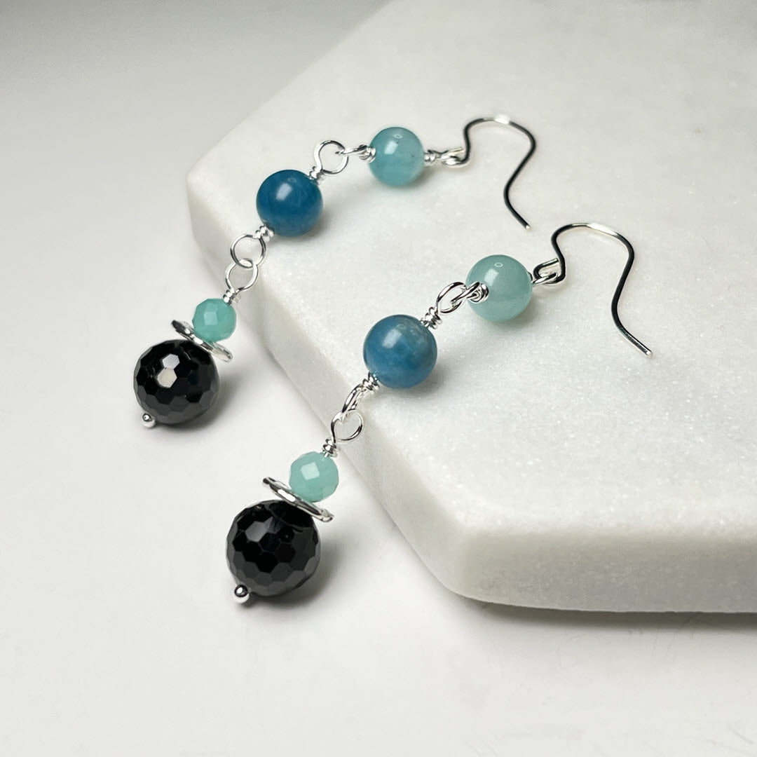 Amazonite, Neon Apatite and Black Tourmaline Triple Drop Dangle, Sterling