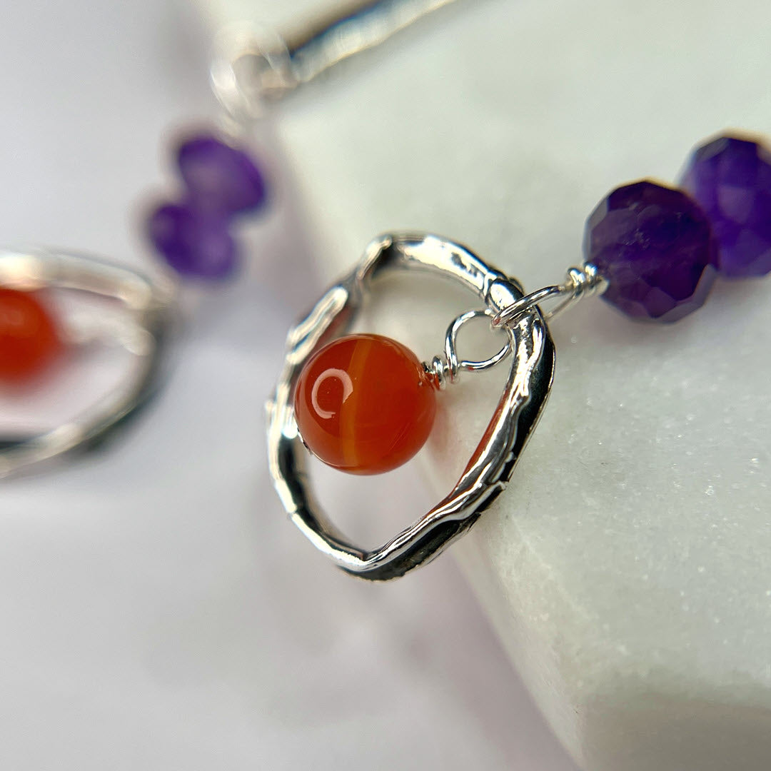 Carnelian and Amethyst Sterling Circle Long Dangle Earrings, Sterling