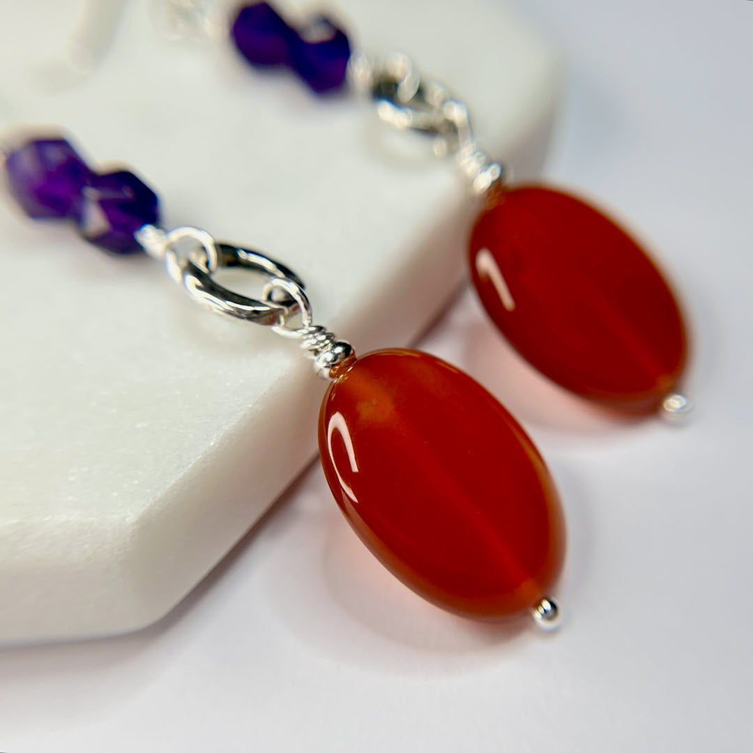 Star-Cut Amethyst and Carnelian Oval Drop Earrings, Sterling