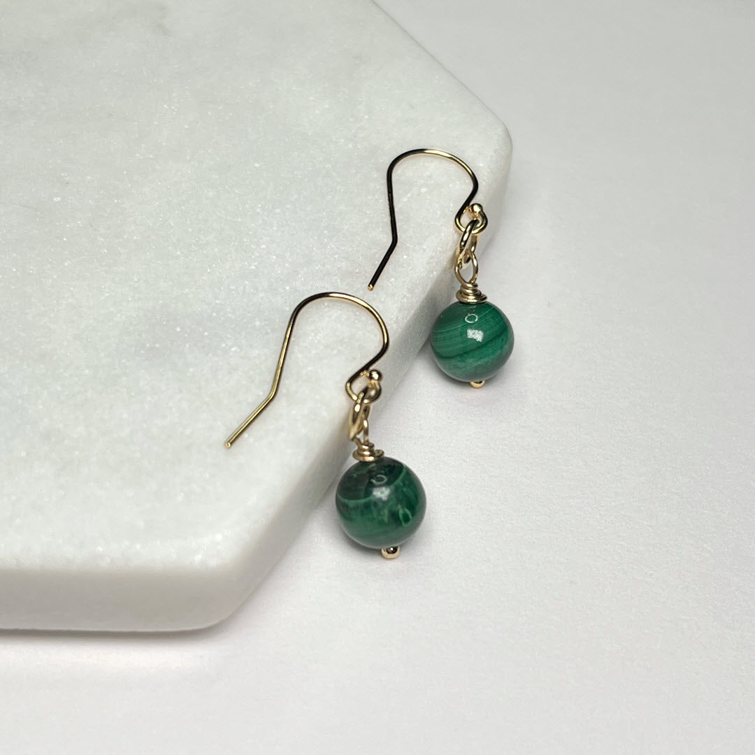 1-Stone Dangle Earrings, Malachite, 14K Gold Fill