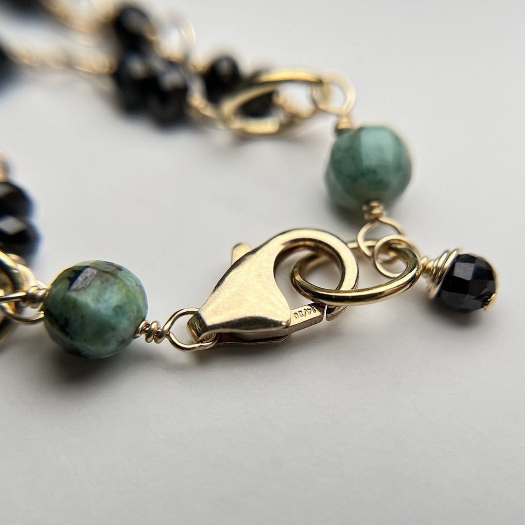 Black Spinel Double Row Bracelet With African Turquoise, 14K Gold Fill