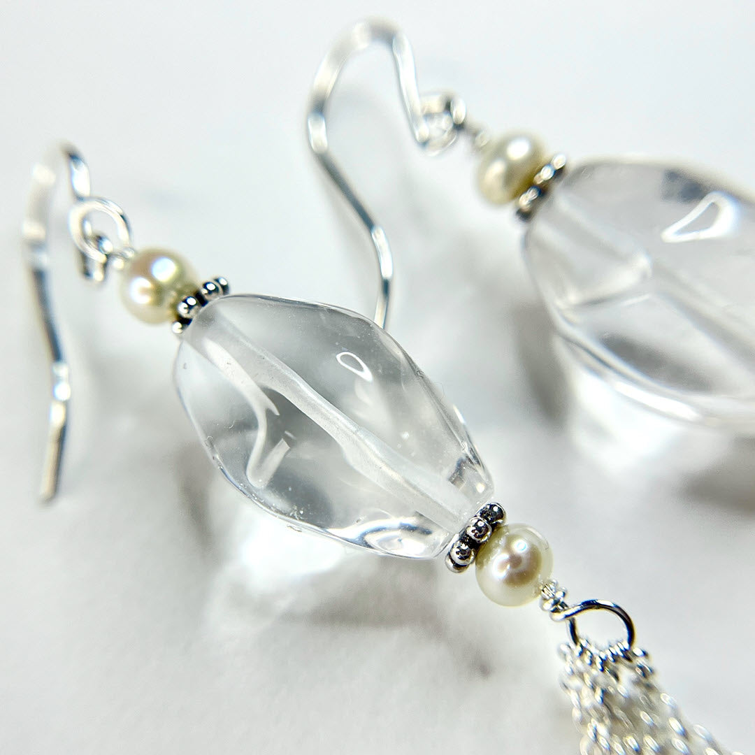Clear Crystal Quartz Long Tassel Party Dangles, Sterling