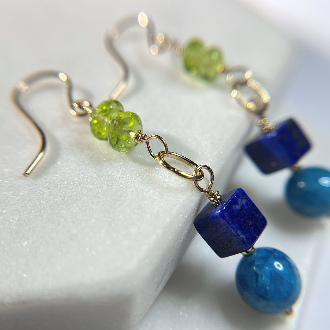 Peridot, Lapis and Neon Apatite Dangle Earrings, 14K Gold Fill