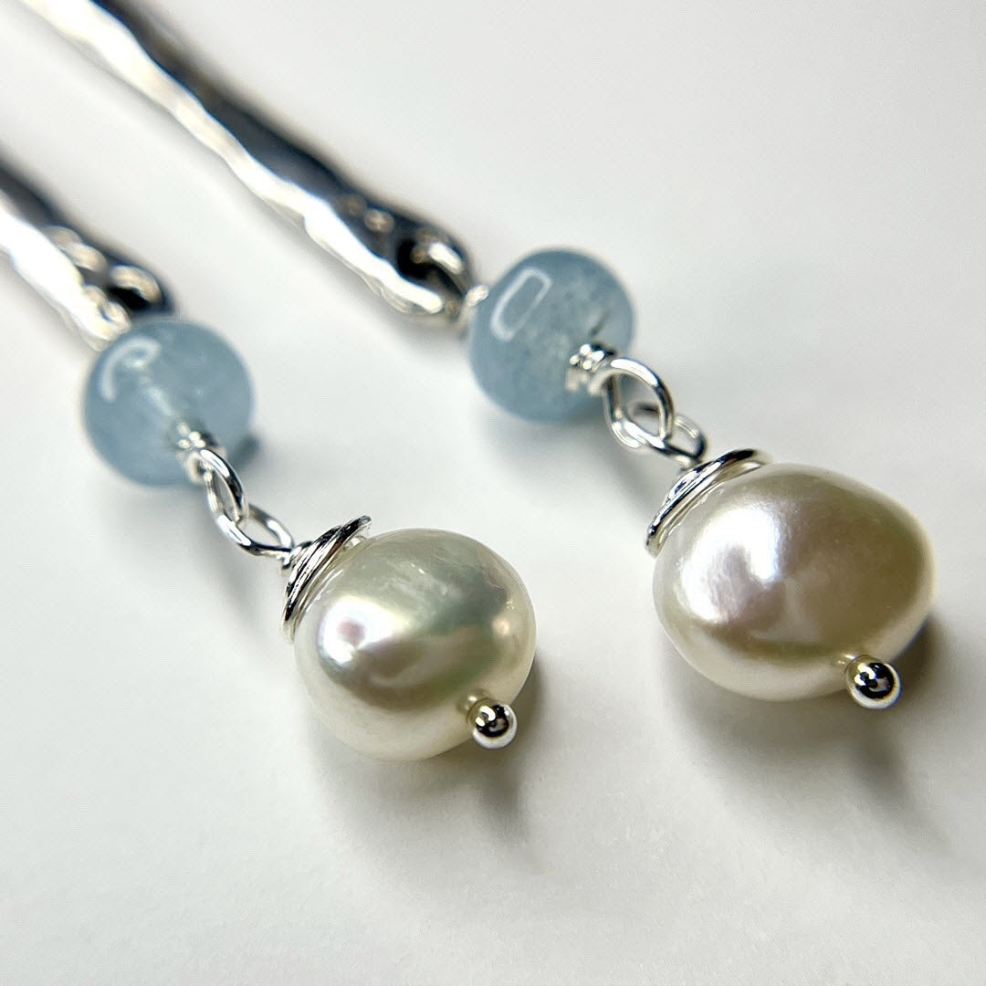Pearl and Aquamarine Long Dangle Earrings, Sterling