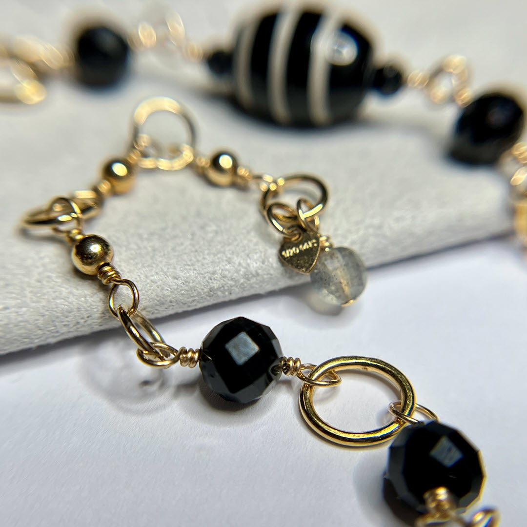 "Dzi" Agate, Black Tourmaline and Black Spinel Link Necklace, 14K Gold Fill