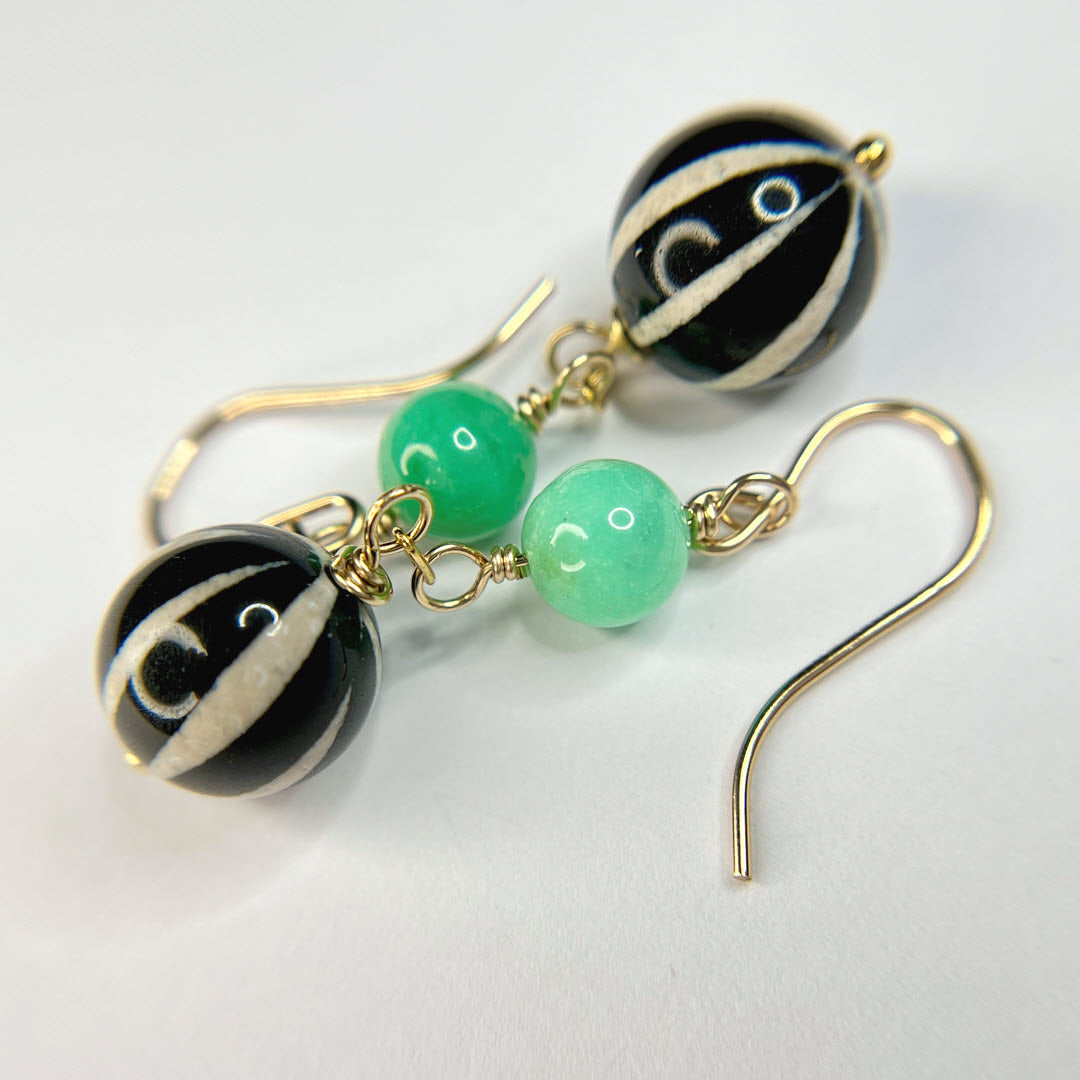 Chrysoprase and Striped "Dzi" Agate Dangle Earrings, 14K Gold Fill