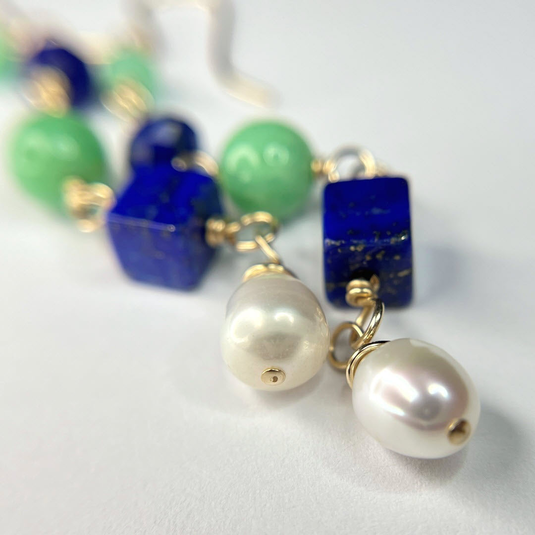 Chrysoprase, Lapis and Pearl Mixed Shape Long Dangle Earring, 14K Gold Fill