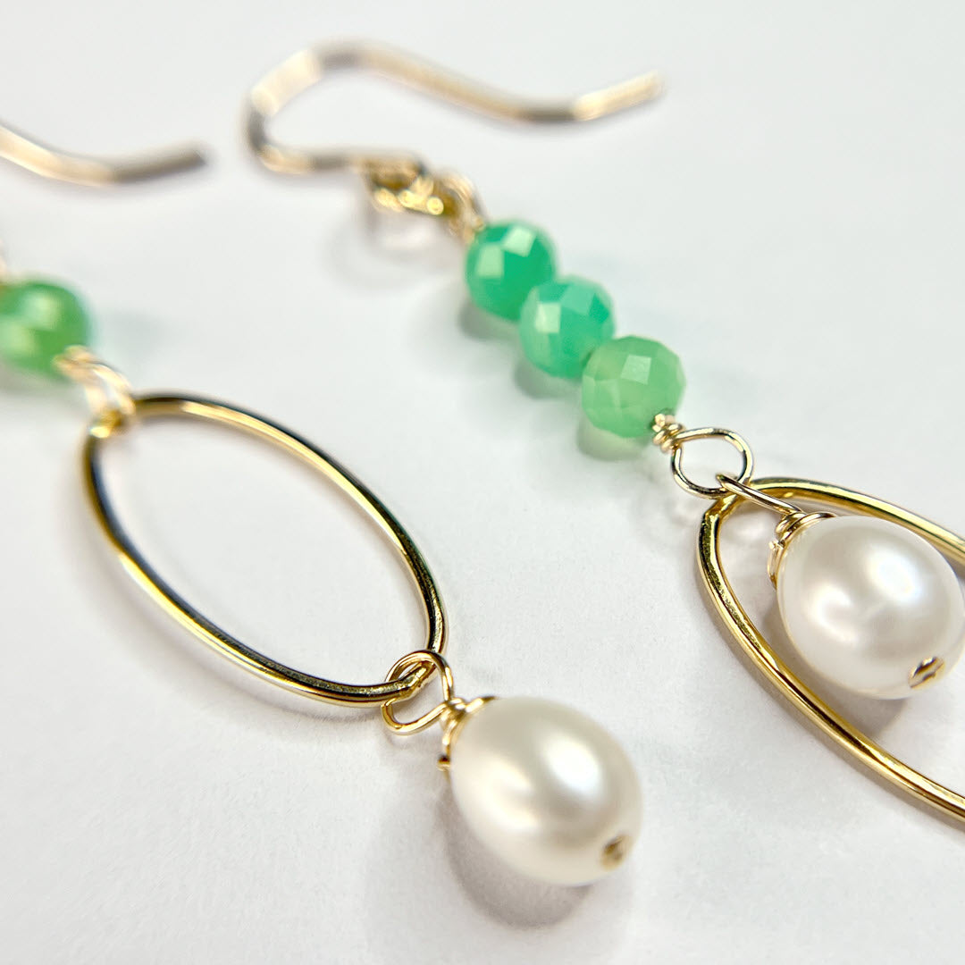 Chrysoprase and Pearl Mismatched Dangle Earrings, 14K Gold Fill