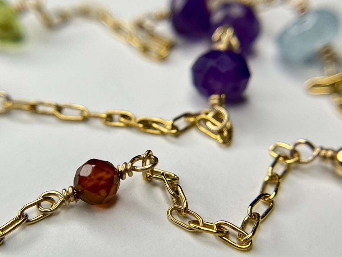 Closeup of multicolor multi-gemstone necklace