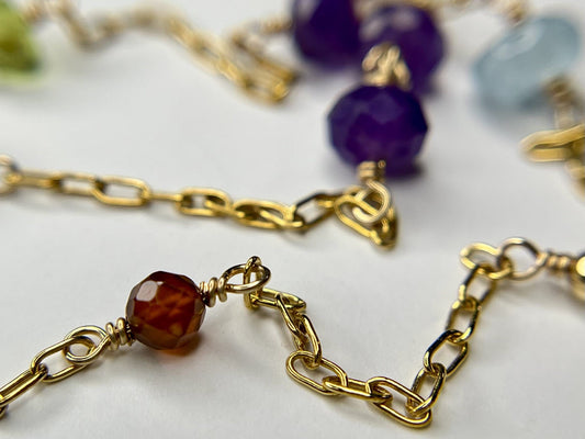 Closeup of multicolor multi-gemstone necklace