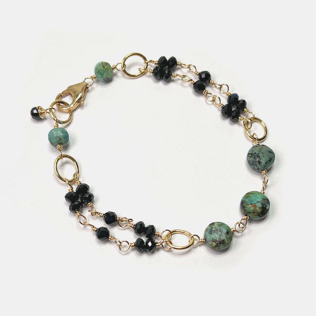 Black Spinel Double Row Bracelet With African Turquoise, 14K Gold Fill