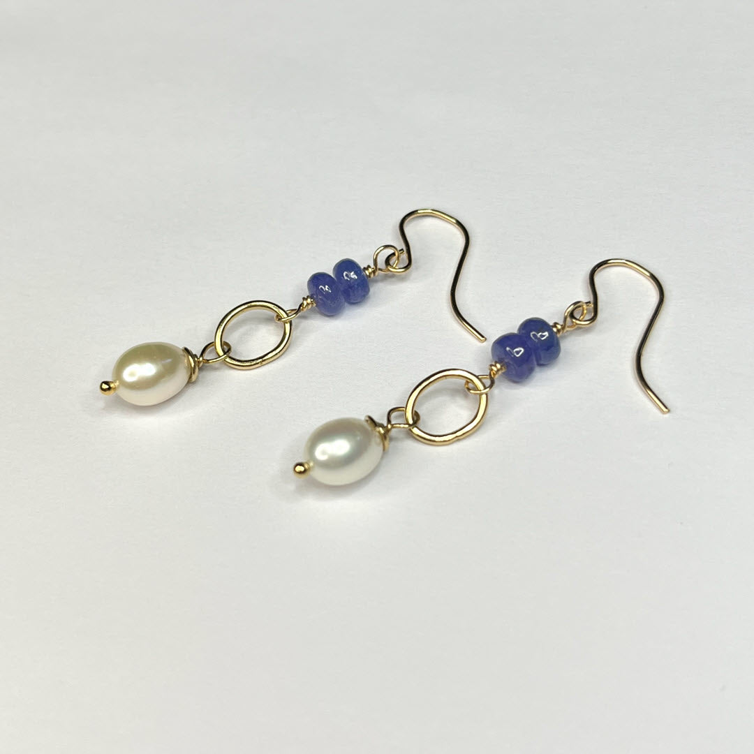 Tanzanite and Pearl Drop Dangle Earrings, 14K Gold Fill