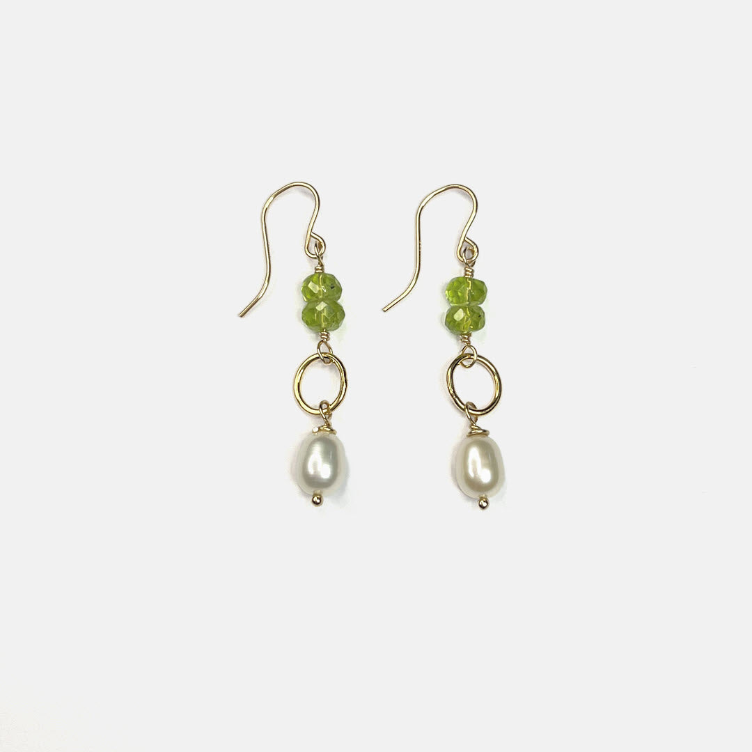 Peridot and Pearl Drop Dangle Earrings, 14K Gold Fill