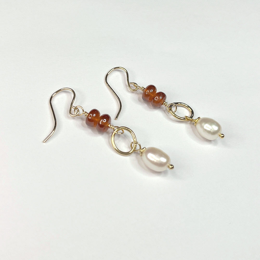 Hessonite and Pearl Drop Dangle Earrings, 14K Gold Fill