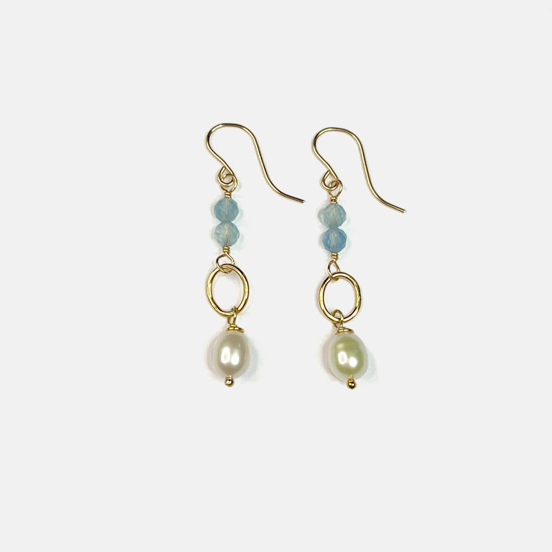 Aquamarine and Pearl Drop Dangle Earrings, 14K Gold Fill