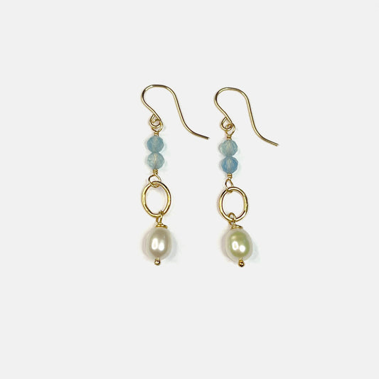 Aquamarine and Pearl Drop Dangle Earrings, 14K Gold Fill