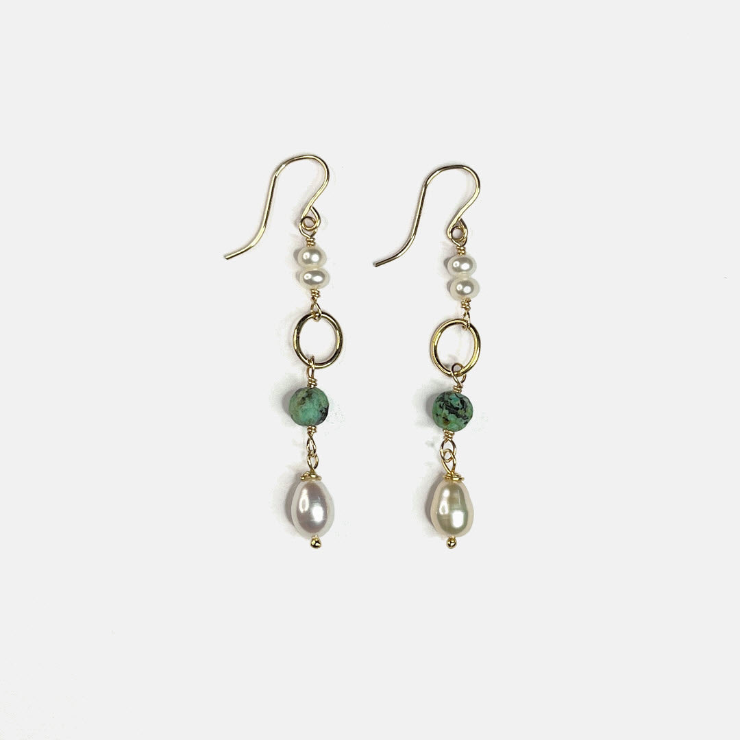 Stacked Pearl and African Turquoise Link Earrings, 14K Gold Fill