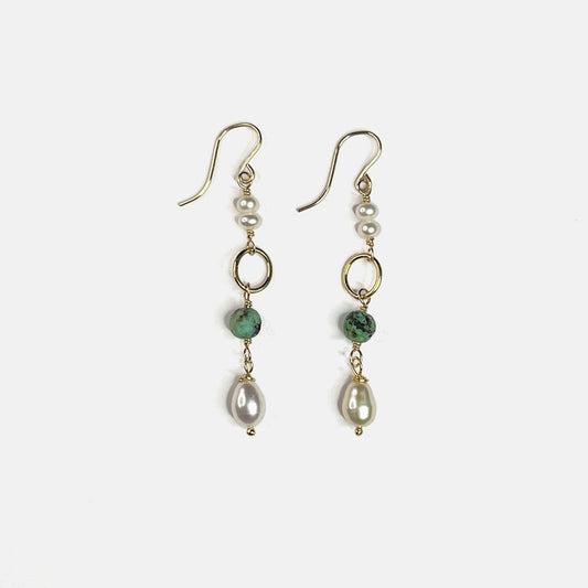 Stacked Pearl and African Turquoise Link Earrings, 14K Gold Fill