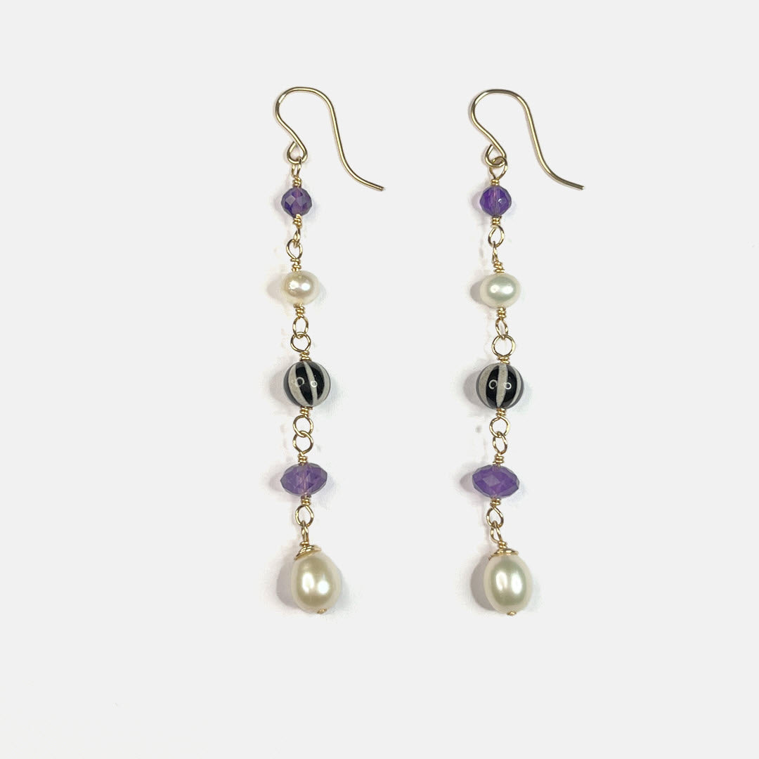 Pearl, Amethyst, and Striped Agate Long Dangle Earrings, 14K Gold Fill