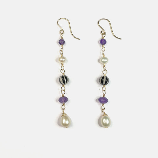 Pearl, Amethyst, and Striped Agate Long Dangle Earrings, 14K Gold Fill