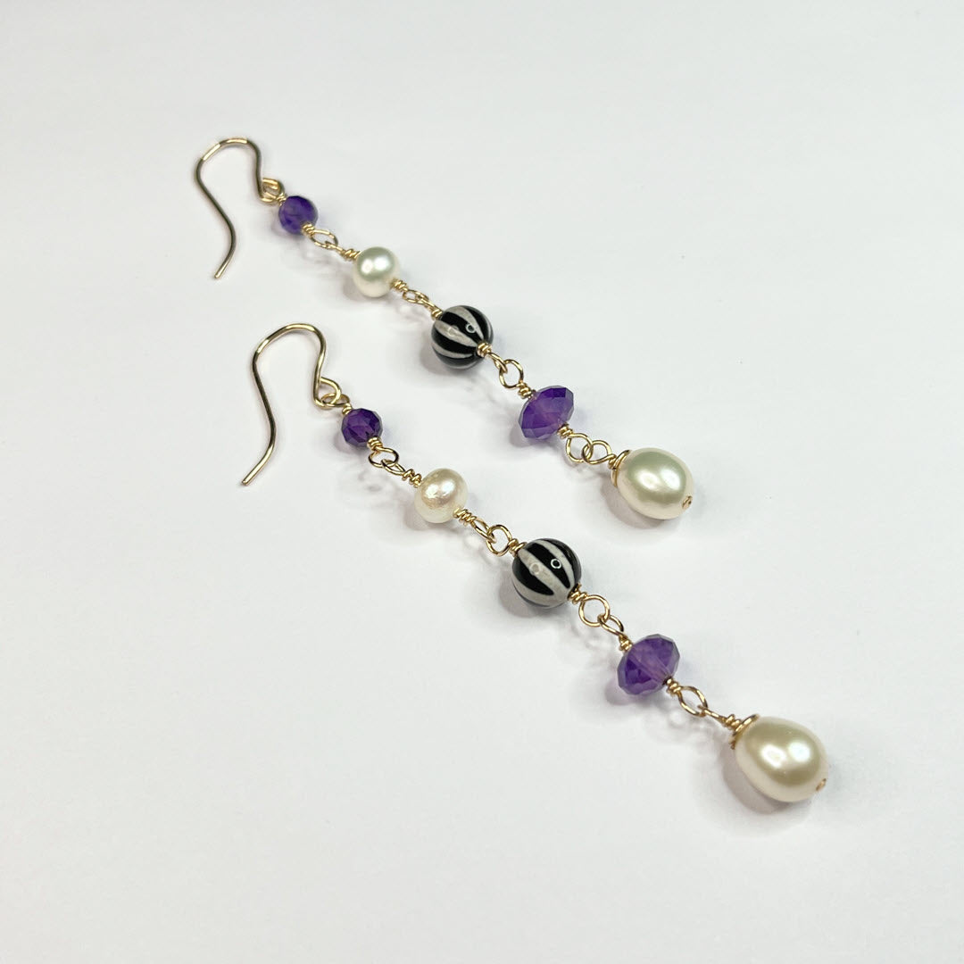 Pearl, Amethyst, and Striped Agate Long Dangle Earrings, 14K Gold Fill