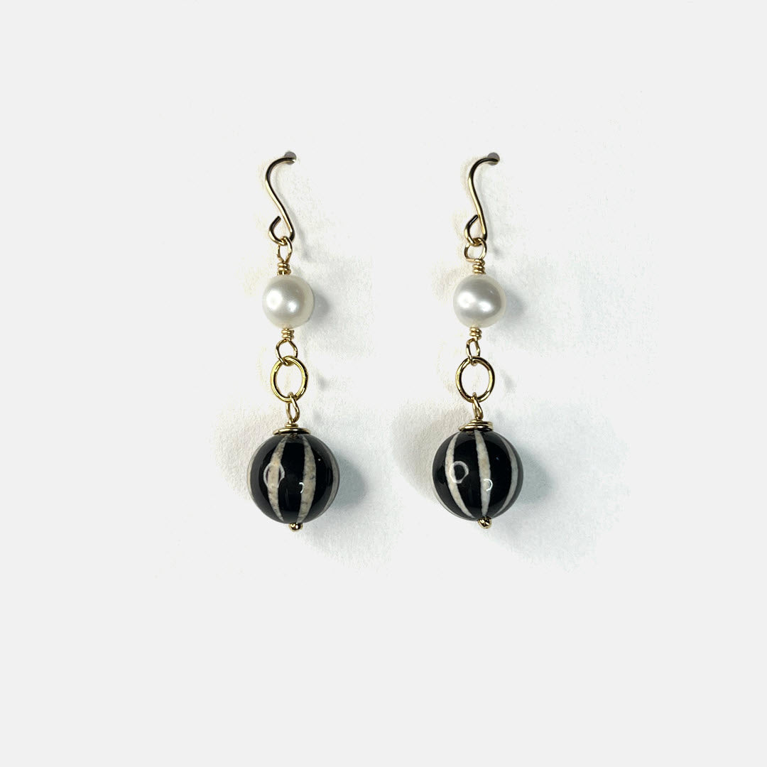 Pearl and Striped "Dzi" Agate Dangle Earrings, 14K Gold Fill